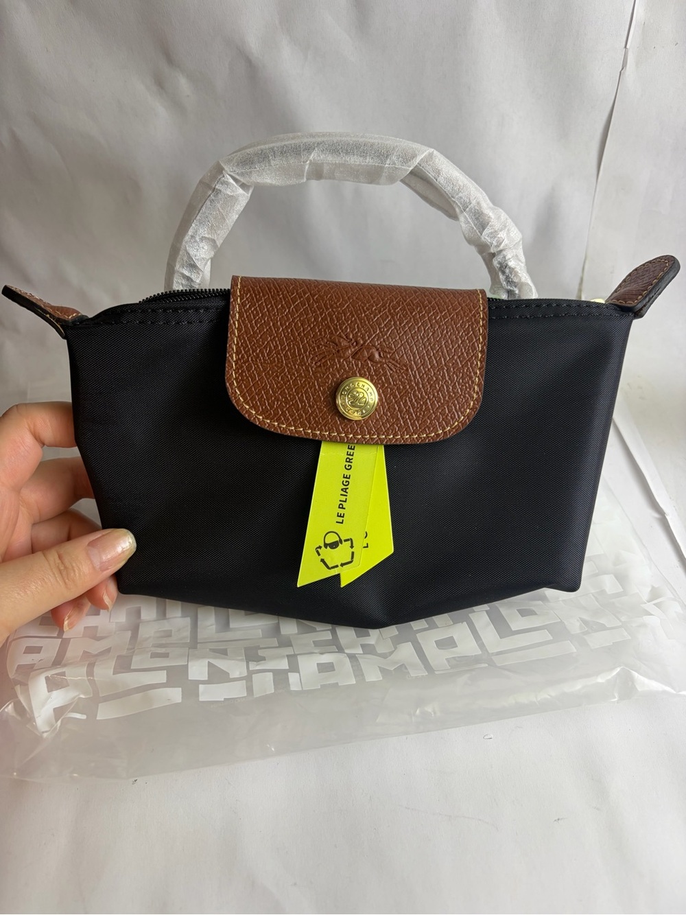 Longchamp Black Mini Le Pliage with Brown Flap